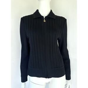 ST. JOHN Basics Black Ribbed Zip Up Ribbed Sweater Jacket Coat Size 6